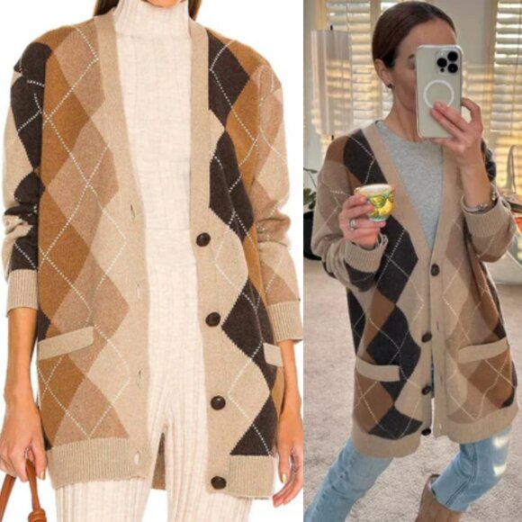 Nili Lotan Sweater Wool Cardigan Sofhie Argyle Large Brown Neutral - Picture 10 of 12